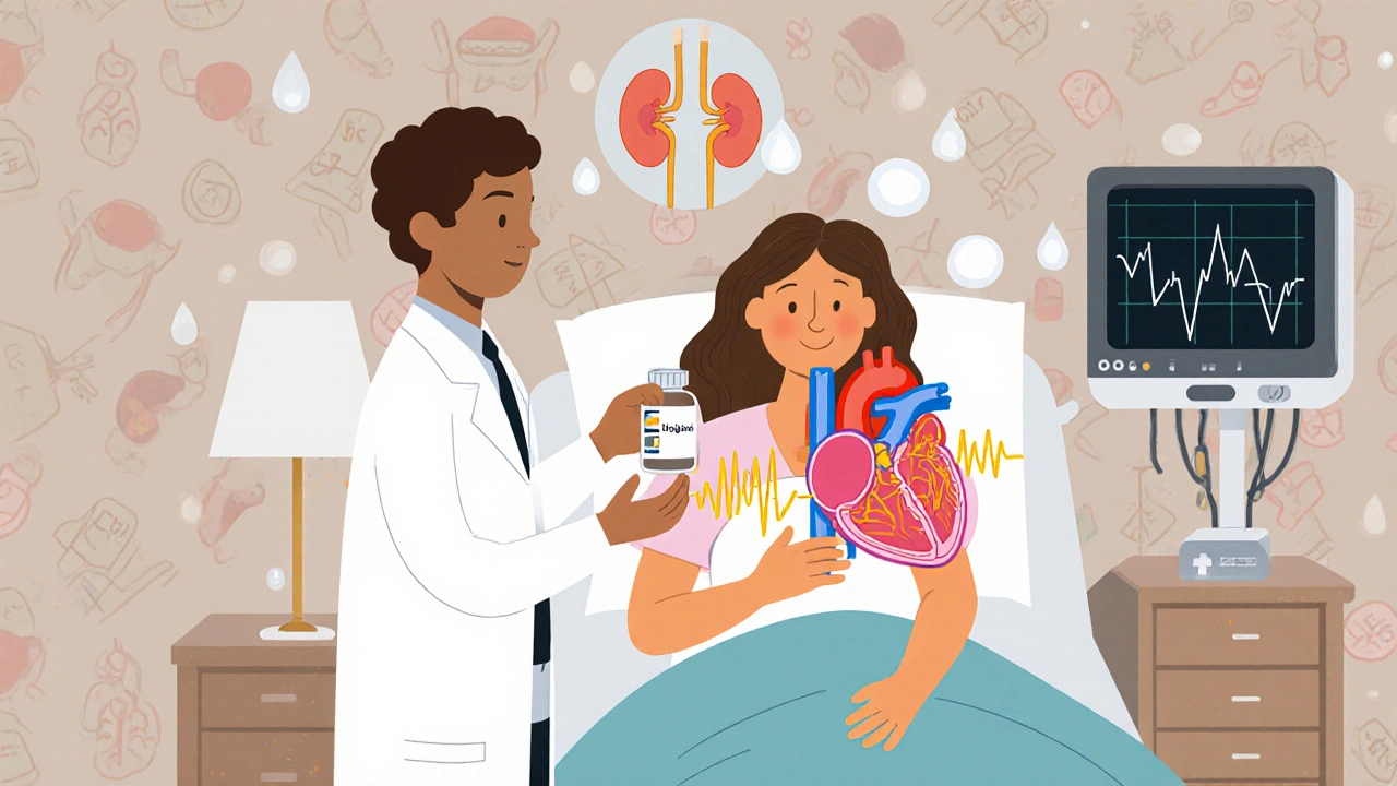 A doctor hands digoxin to a breastfeeding mother as a stylized heart improves its pumping action beside them.