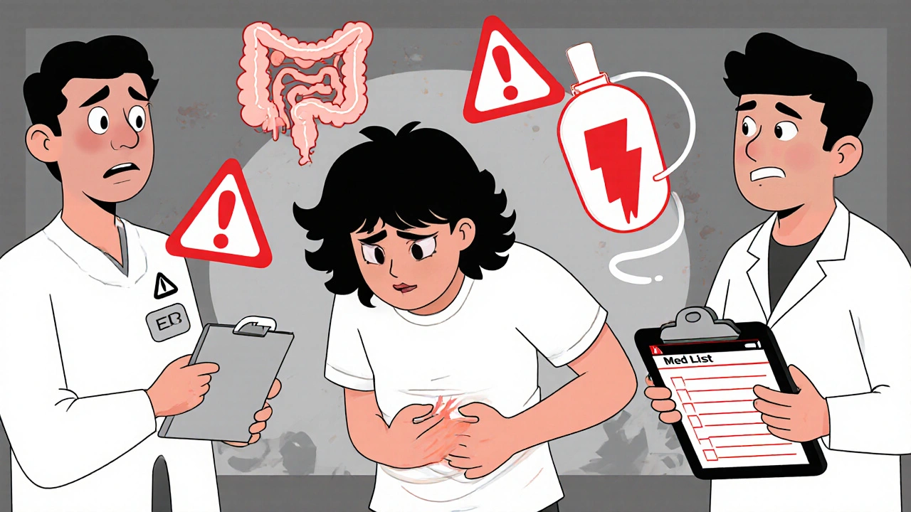 A patient in emergency care with warning signs for dangerous clindamycin side effects, attended by medical staff.