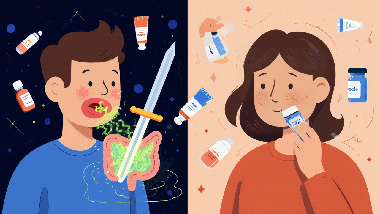 A side-by-side cartoon comparison of oral versus topical clindamycin, showing different effects on the body.