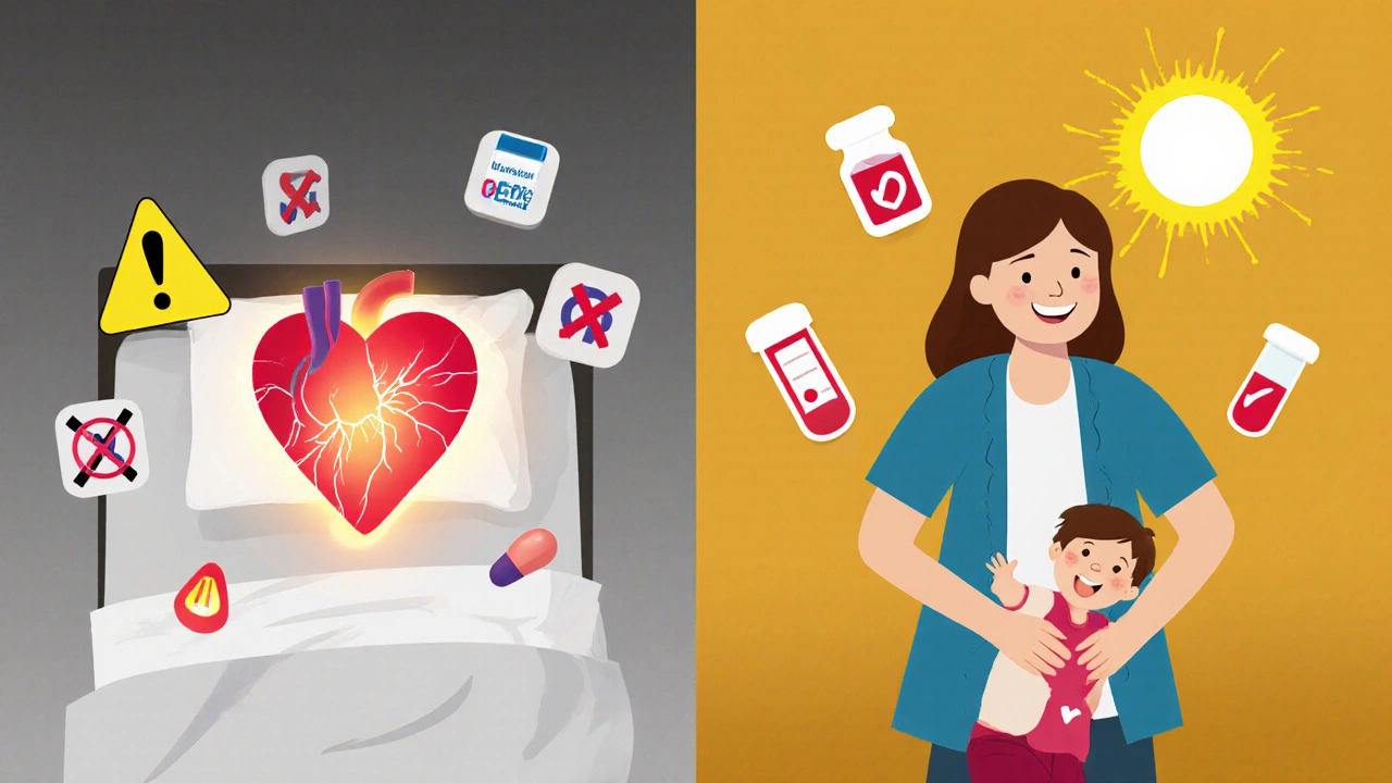 A woman's heart transforms from weak to stronger over time, with digoxin as a glowing symbol above her as she plays with her child.