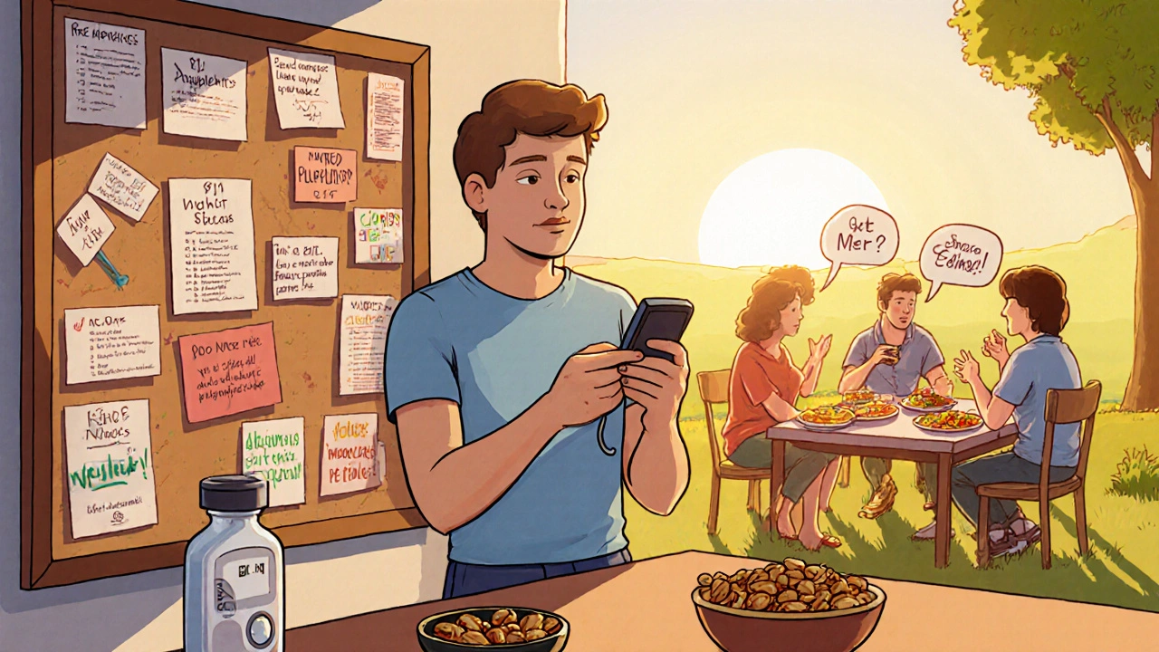 Adult checking glucose monitor beside B12 supplement, with friends sharing plant meals.