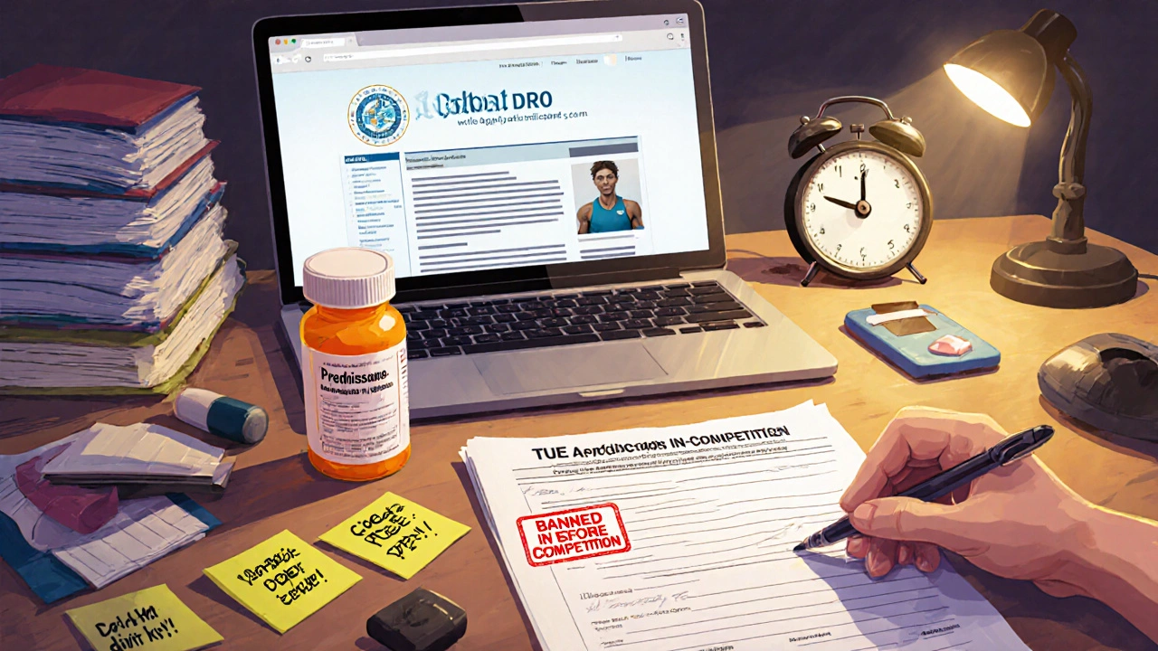 Athlete filling out TUE application with medical files and banned medication on desk.