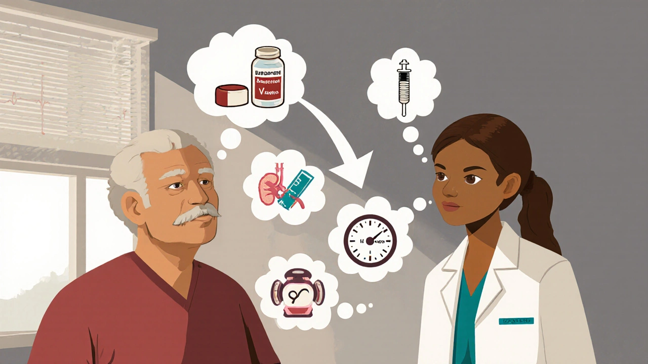 Cardiologist and patient surrounded by drug icons and monitoring tools discussing treatment choice.