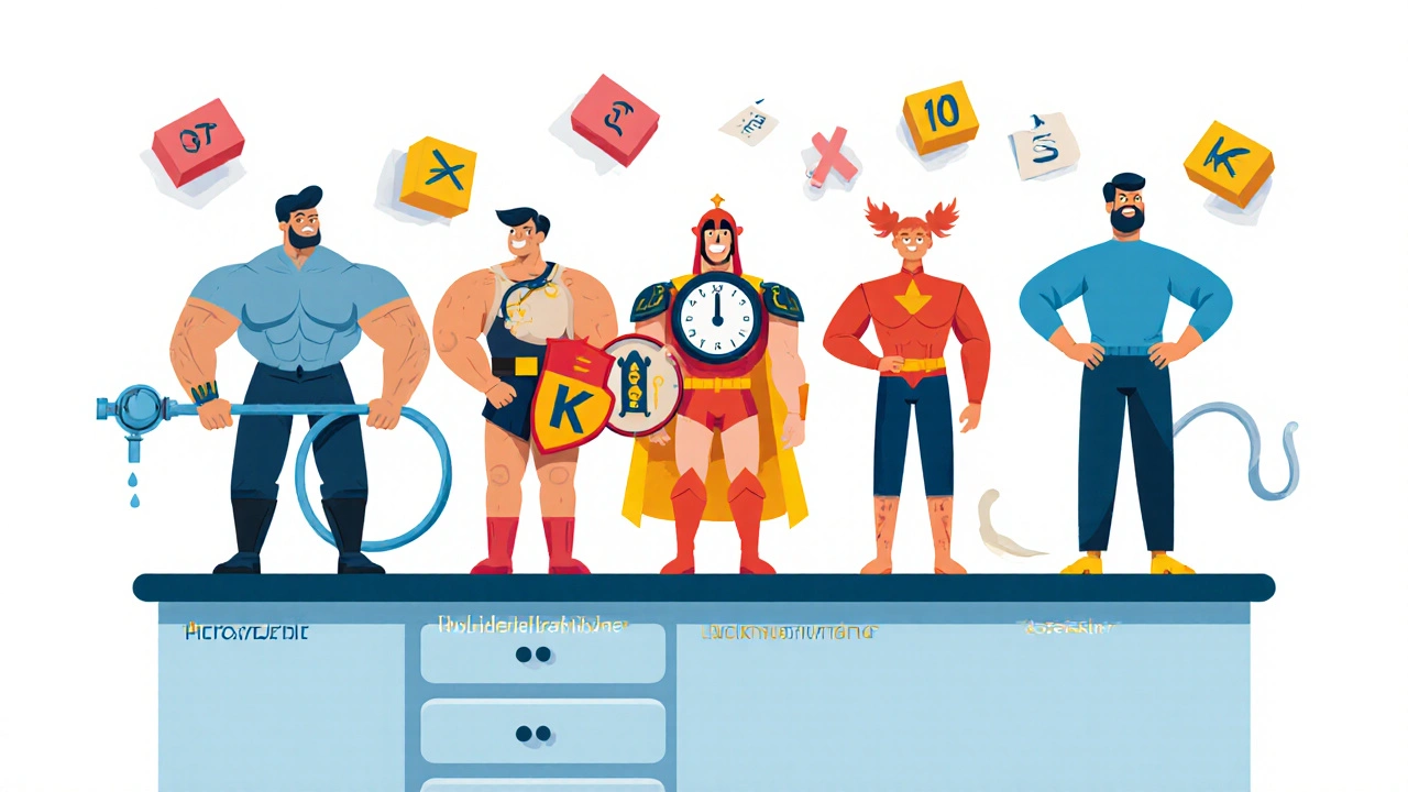 Cartoon characters representing five blood‑pressure drugs standing on a lab table.