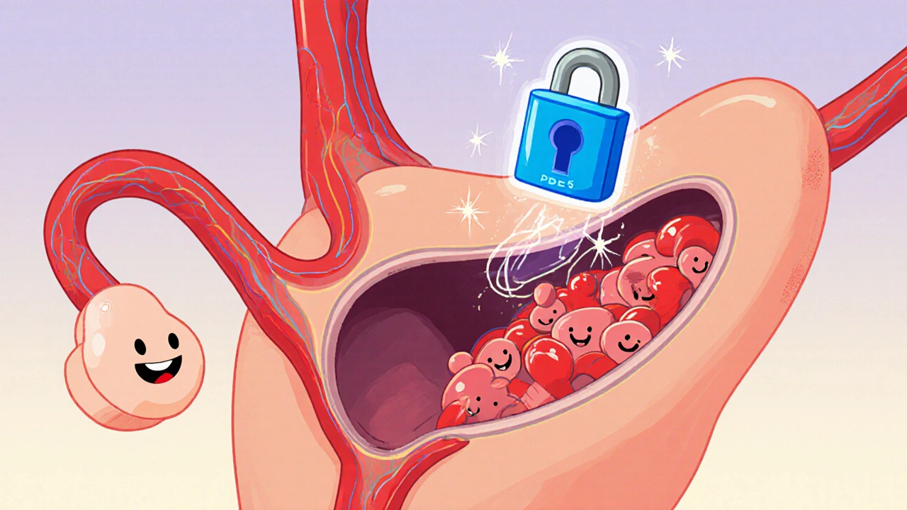 Cartoon cross‑section of a penis showing blood vessels expanding as a sildenafil pill blocks a lock.