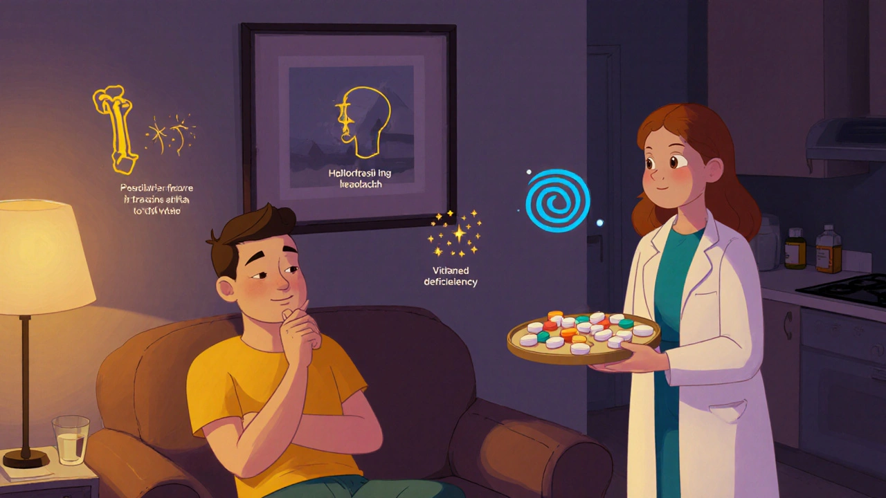 Cartoon patient discussing medication options with a pharmacist, surrounded by subtle health icons.