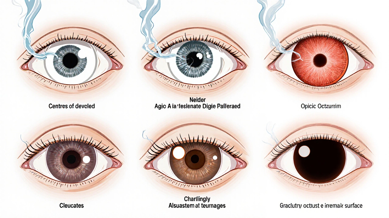 Collage of six eye diseases linked to smoking, each illustrated with distinct visual signs.