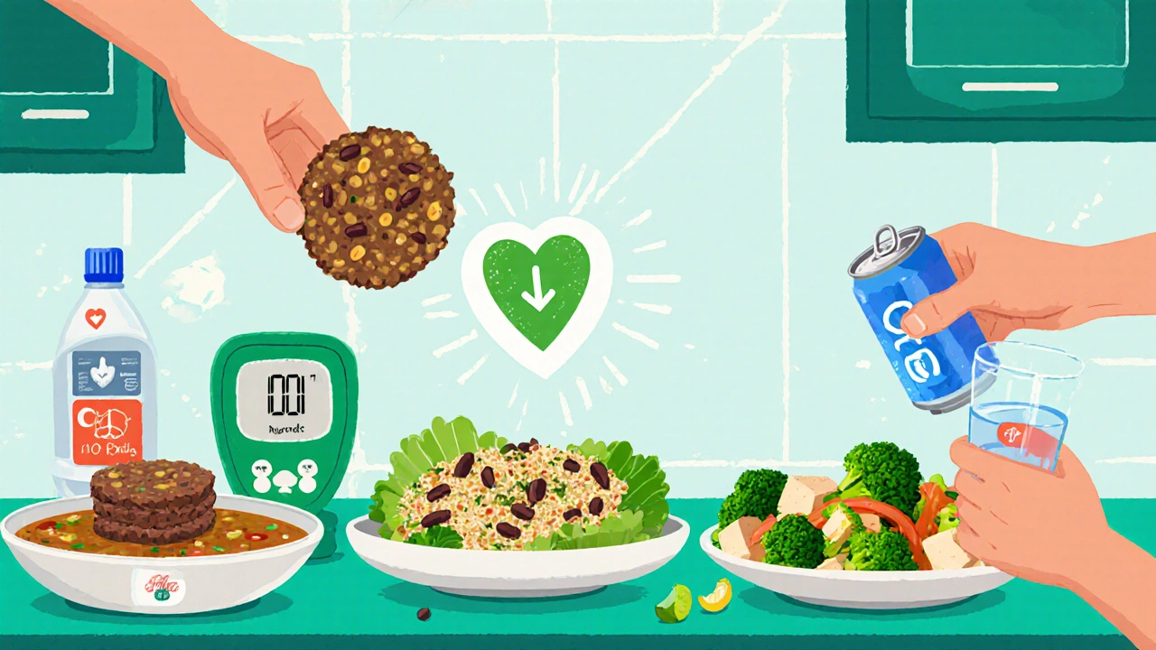 Counter display of lentil soup, quinoa salad, tofu stir‑fry with low‑glycemic symbols and a glucometer.