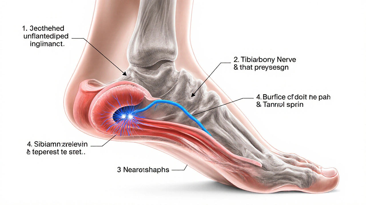 Cross‑section illustration showing plantar fasciitis, heel spur, tarsal tunnel, and neuropathy.
