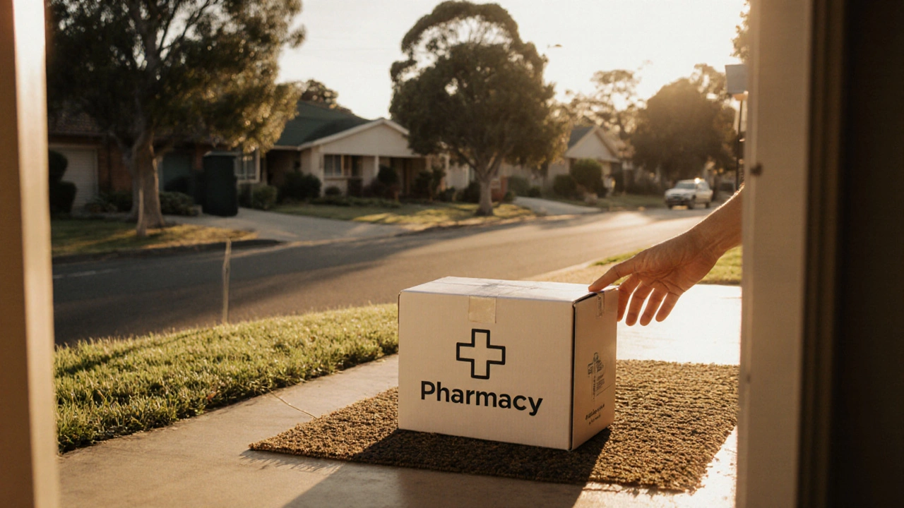 Delivery box on a porch being picked up, with a sunny Australian street in the background.