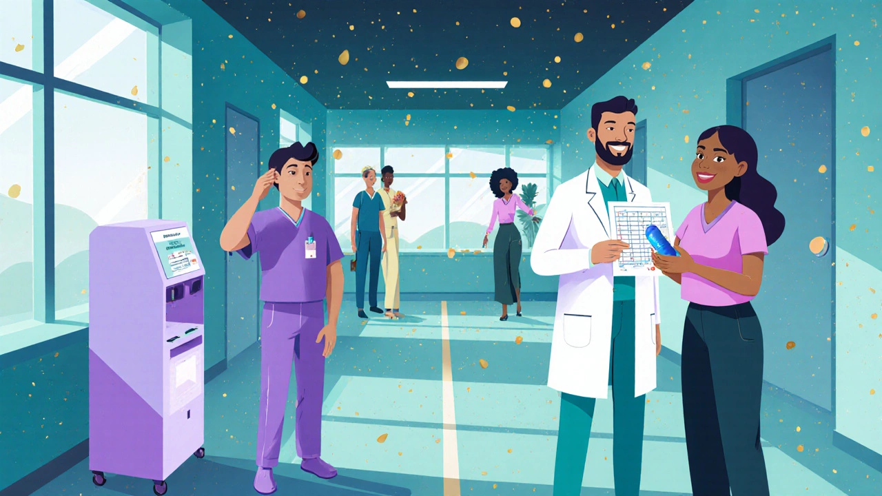 Diverse patients receiving various progesterone therapies in a futuristic clinic hallway.