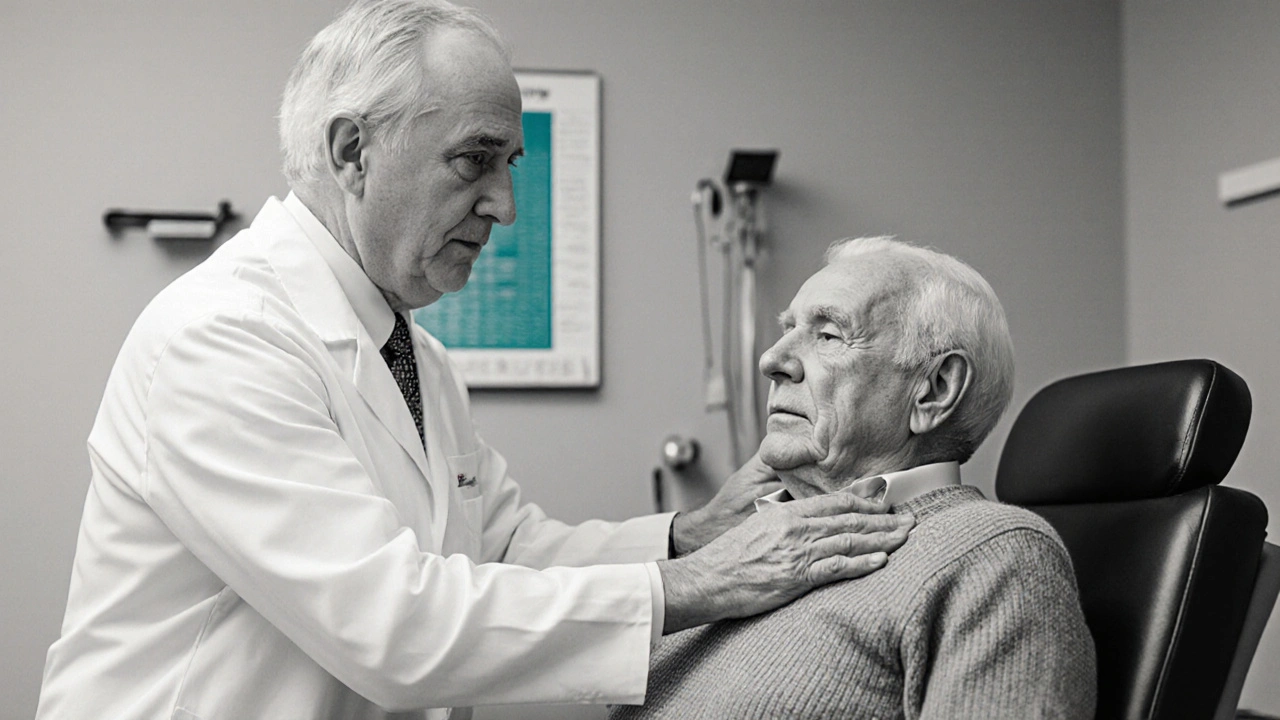 Doctor performing Dix-Hallpike maneuver on senior patient.