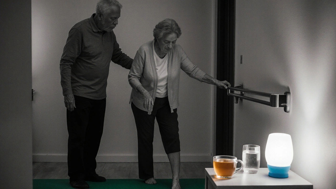 Elderly couple doing balance exercises at home with safety aids.