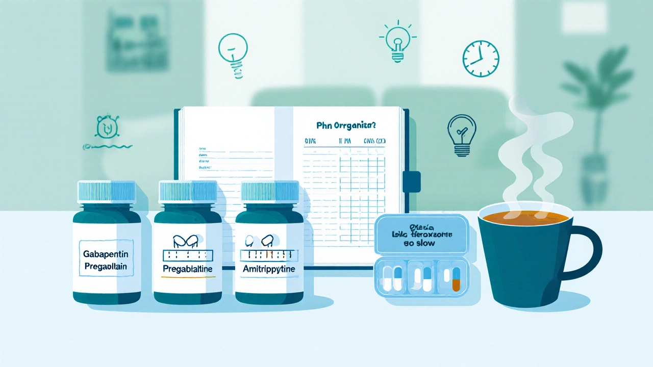 Flat‑lay of PHN medication bottles, pain diary, and pill organizer on a light surface.