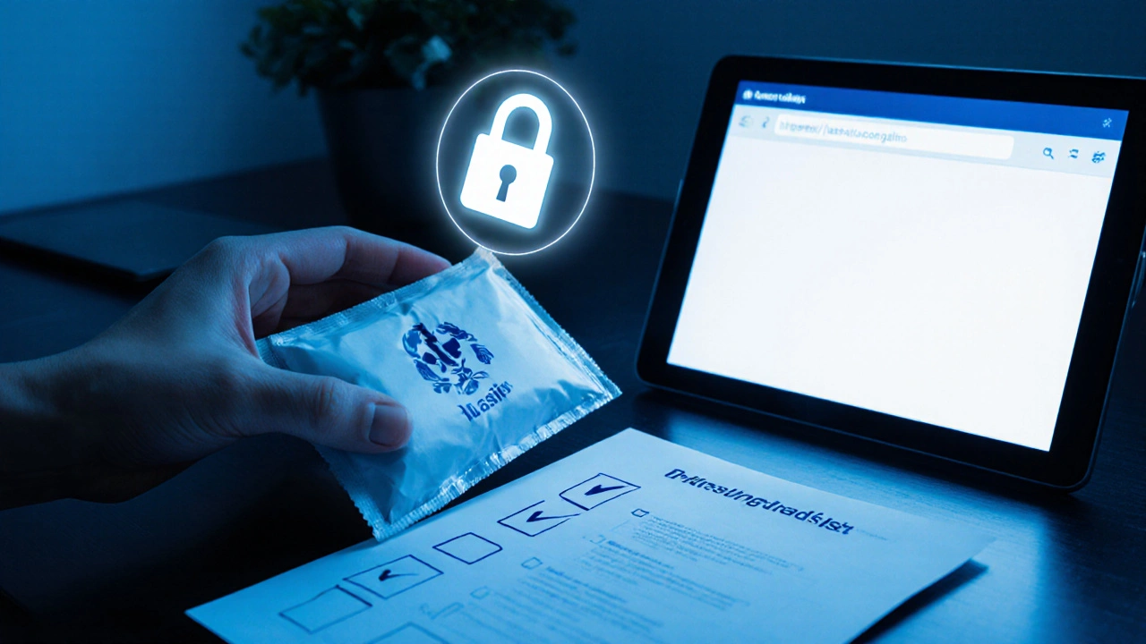 Hand delivering a sealed medication parcel with a security padlock icon hovering.