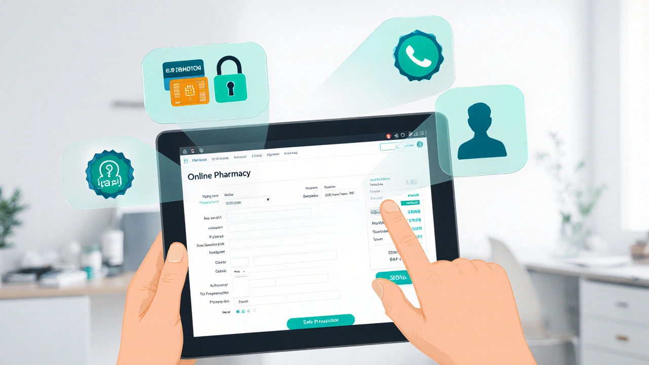 Hands holding a tablet showing secure checkout icons and verification symbols.