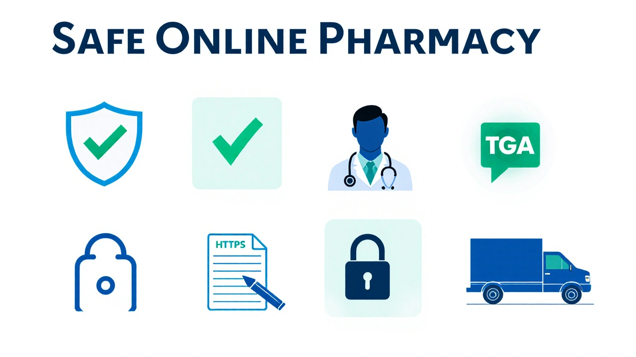 Illustrated checklist showing icons for security, TGA, pharmacist, lock, prescription, and delivery.