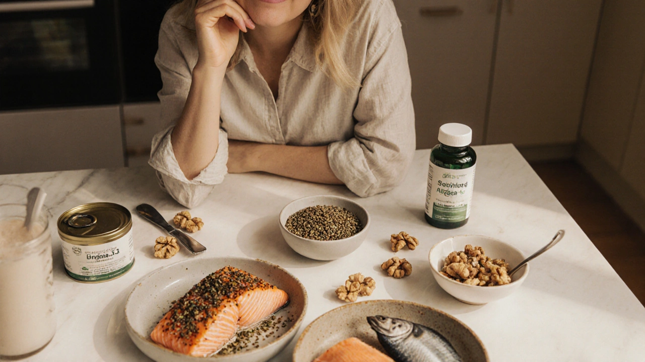 Kitchen display of salmon, flaxseed, walnuts, and algae capsules with a woman showing clear skin.