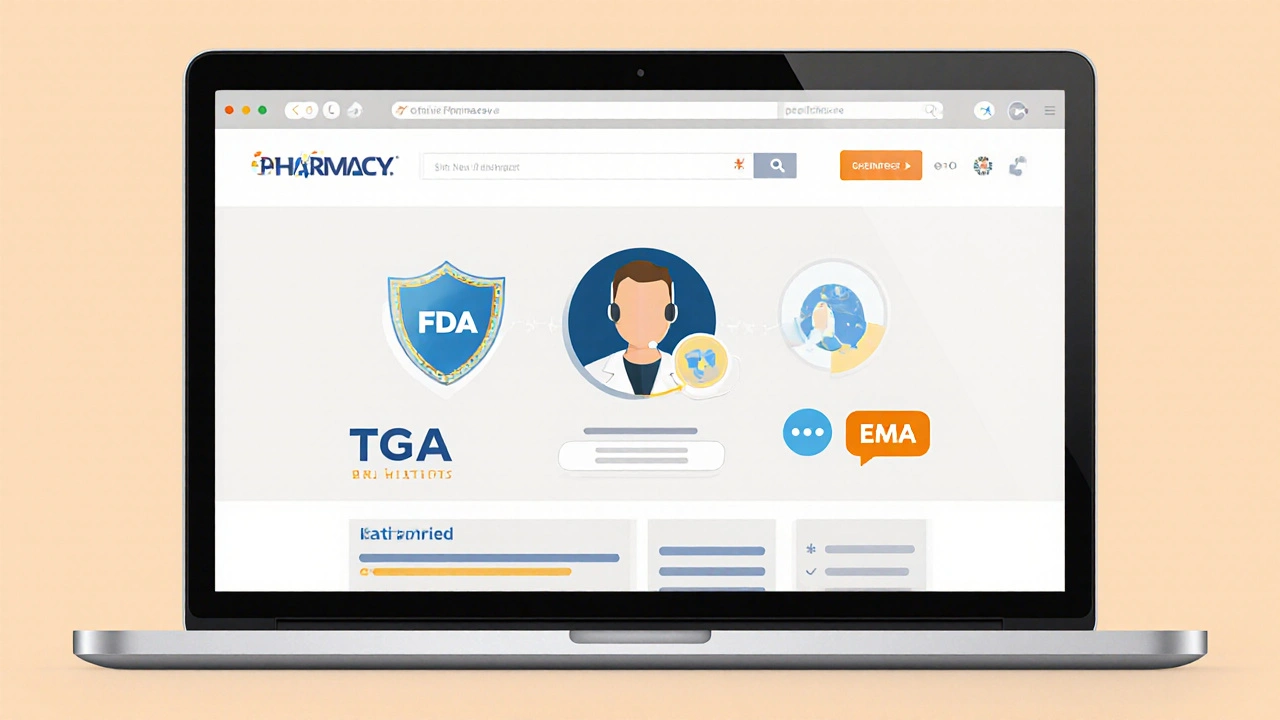 Laptop screen showing pharmacy verification badges and pharmacist support icons.