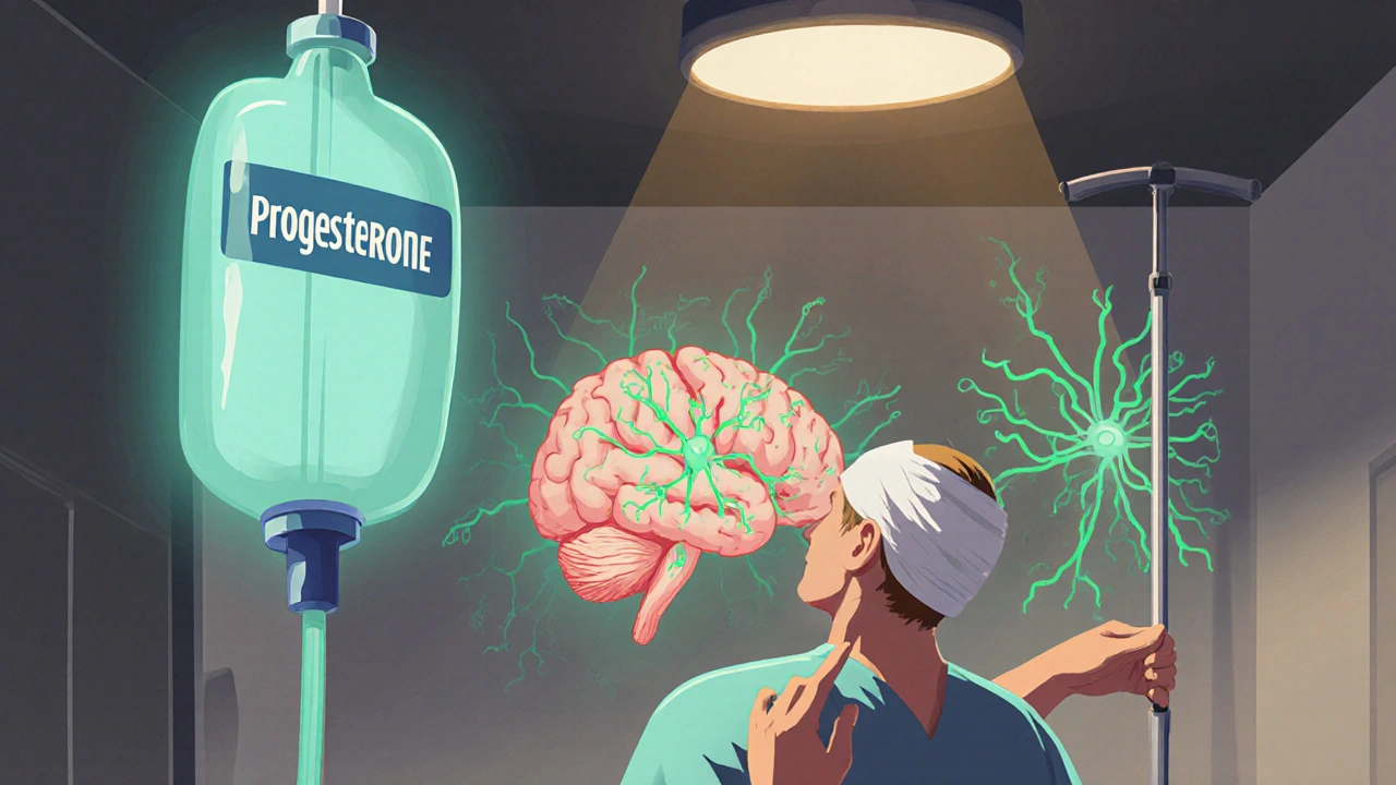 Nurse administering progesterone IV to a patient while a brain illustration shows healing myelin.