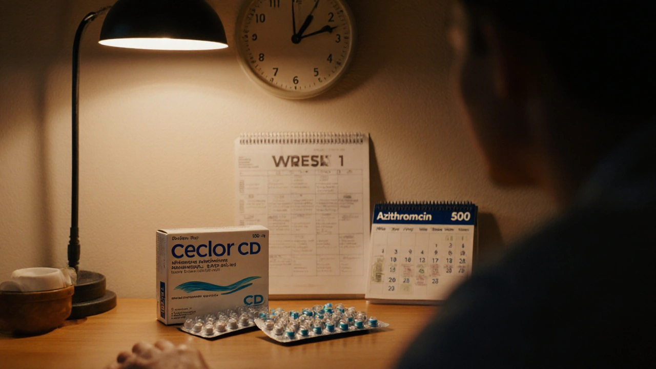 Patient at kitchen table comparing Ceclor CD and azithromycin blister packs.