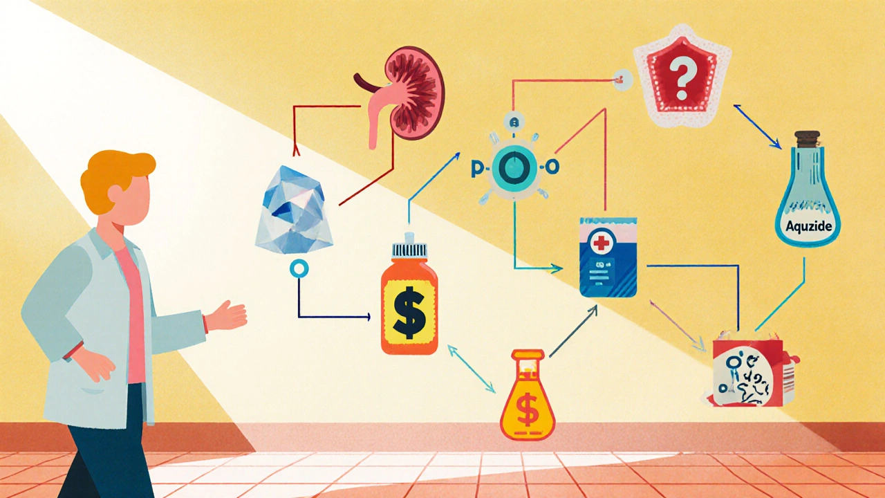 Patient avatar walking along a colorful decision‑tree with icons for kidney, gout, potassium, and cost.
