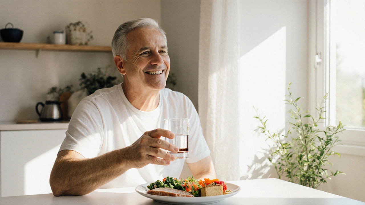 Person at a dining table sipping water with bitters, looking relaxed after a meal.