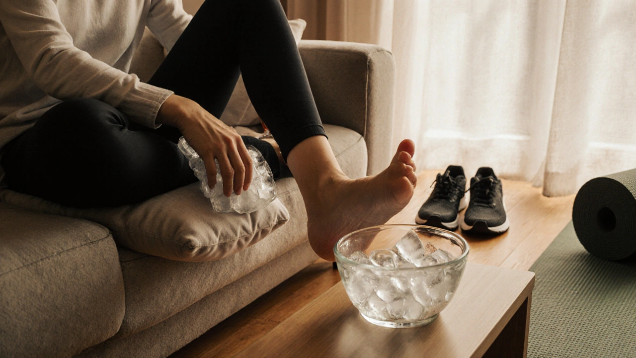 Person elevating foot, applying ice, with supportive shoes nearby in a cozy room.
