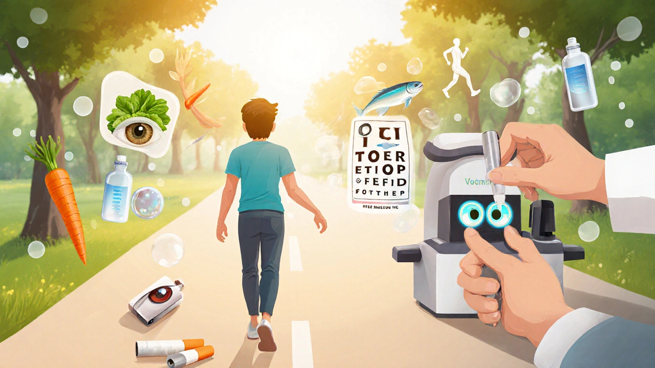 Person leaving cigarettes, heading to bright clinic with health icons for eye care.