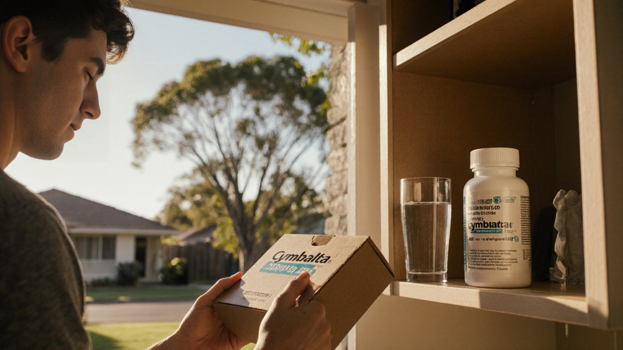 Person opening a delivery box revealing a sealed generic Cymbalta bottle at home.