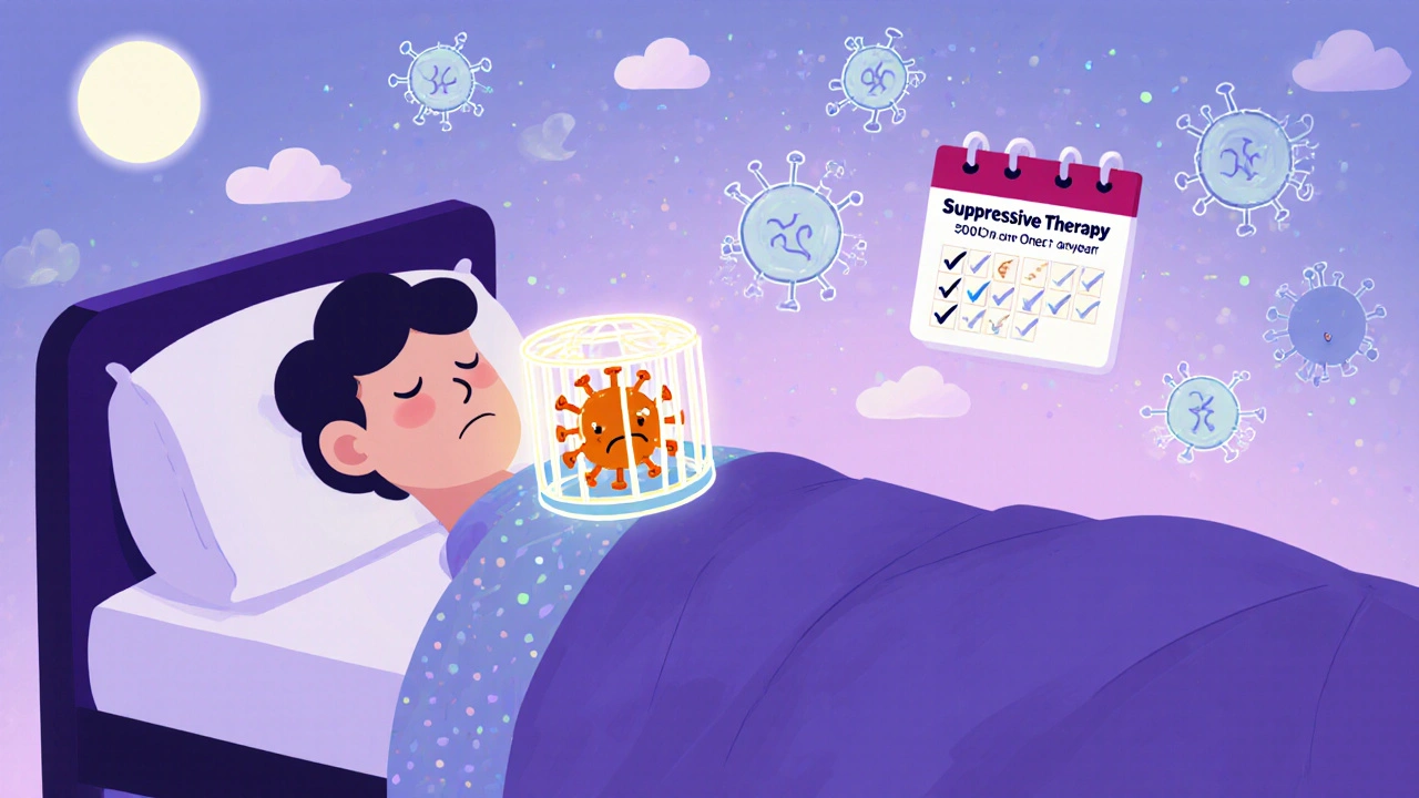 Person sleeping as a virus is contained in nerve cells, symbolizing daily suppressive therapy.