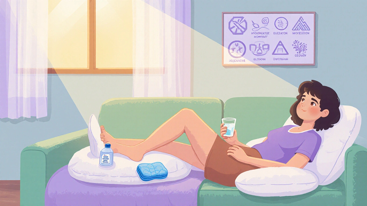 Post‑op recovery scene with elevation, cold compress, hydrocortisone, water, and moisturizer.