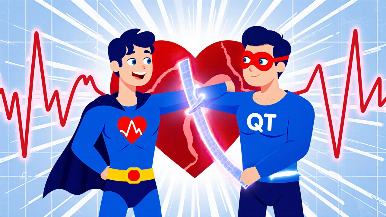 Sotalol shown as a dual-action superhero influencing heart rhythm waves.