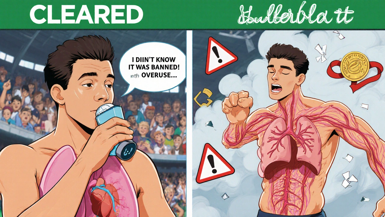 Split image: athlete safely using inhaler vs. overusing it with health warnings.