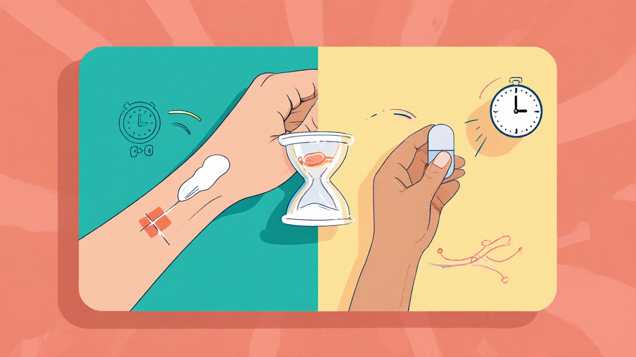 Split scene comparing topical cream with oral ibuprofen for swelling relief.
