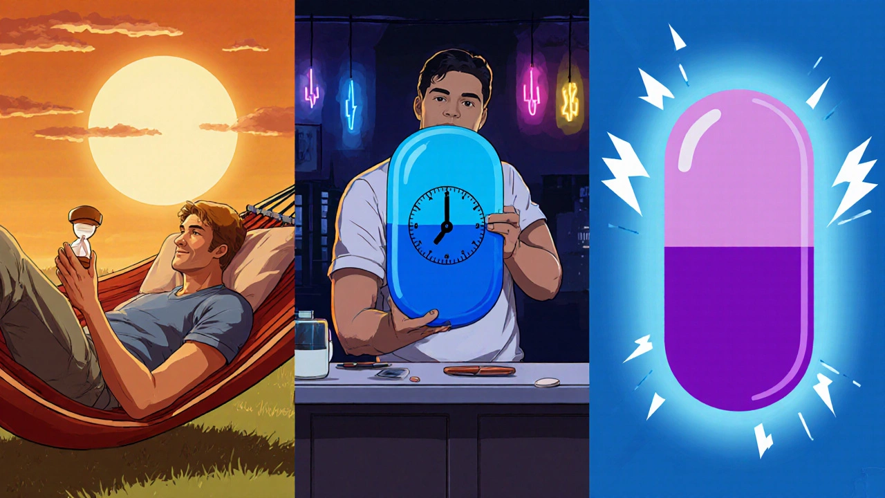 Split scene of a man considering three pills: relaxed weekend (Cialis), central Zenegra, and fast‑acting night out (Stendra).