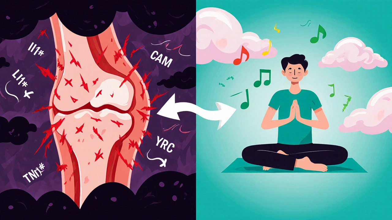 Split scene showing an inflamed knee on the left and a calm knee with yoga breathing on the right, arrows indicate reduced inflammation.