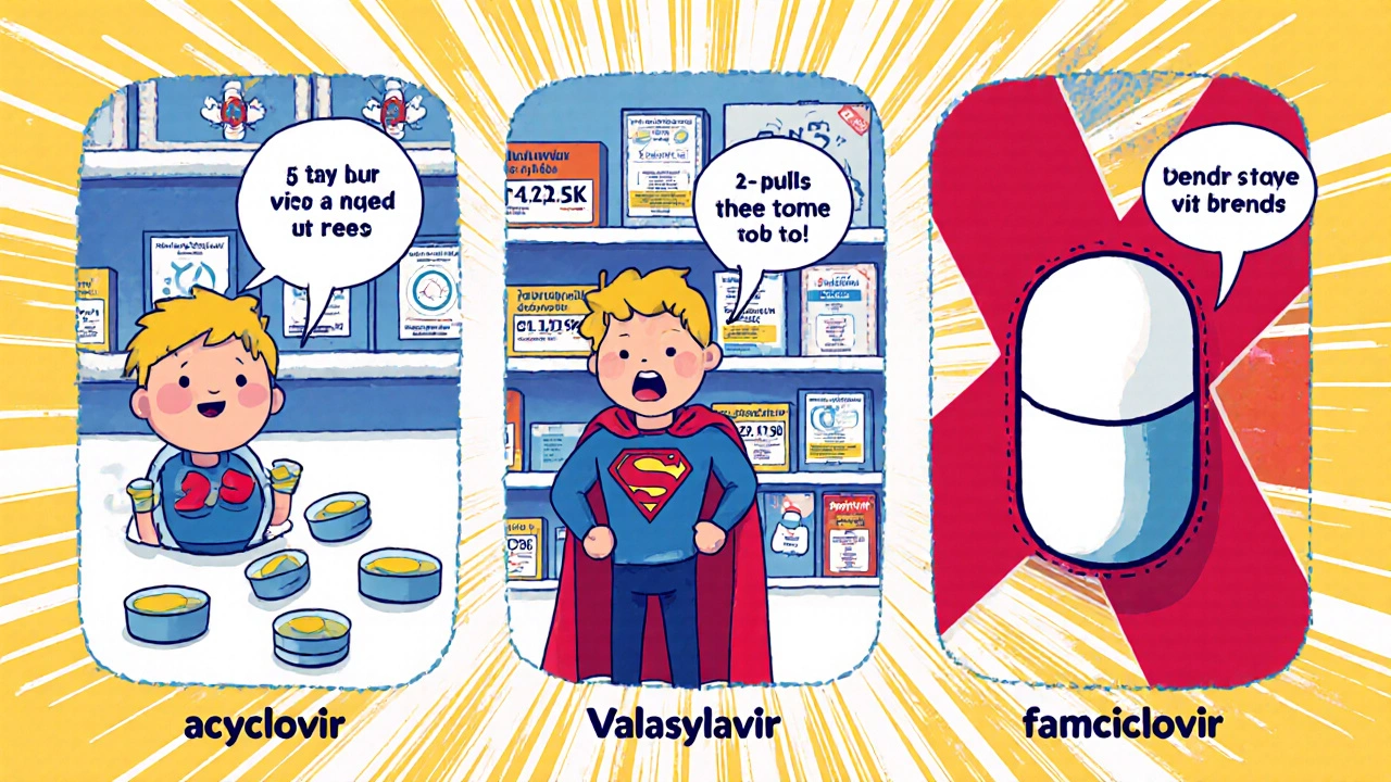 Three characters comparing pill doses for cold sore treatments with icons and price tags.