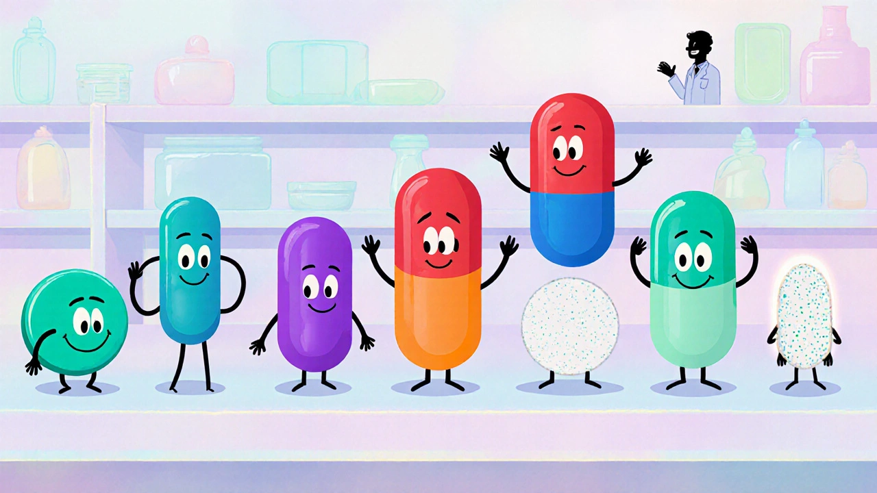 Various colorful cartoon pills gathered on a pharmacy shelf, each with distinct shapes.