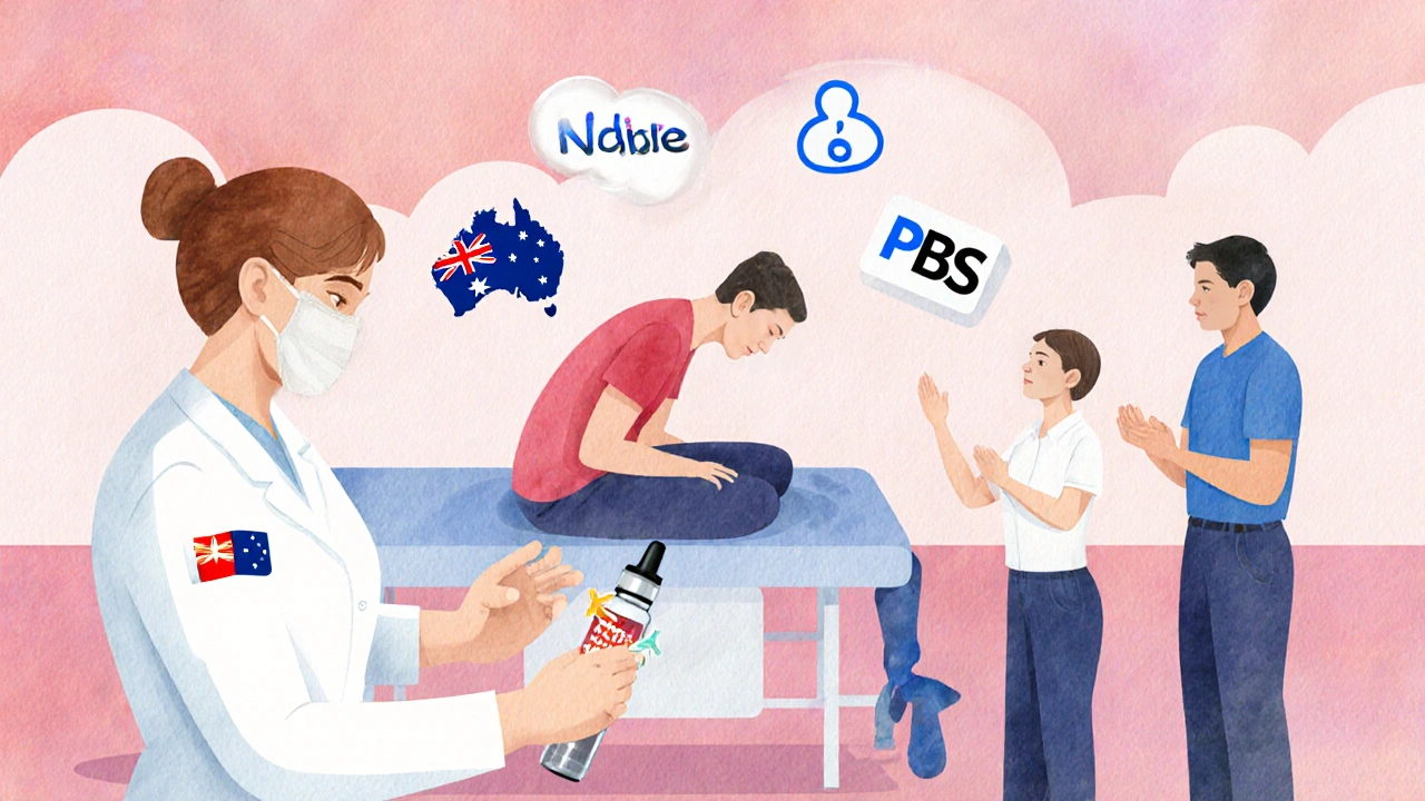 Watercolor scene of a multidisciplinary pain clinic with vaccine administration and care icons.