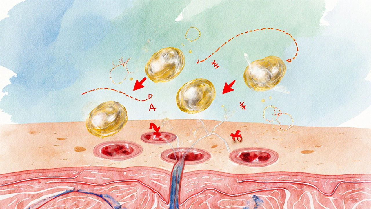Watercolor skin cross‑section showing omega‑3 molecules soothing inflammation.