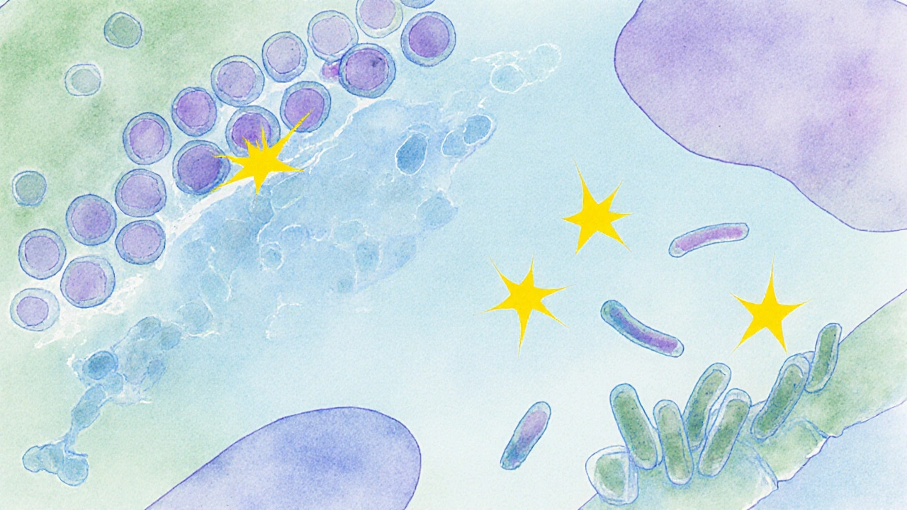 Watercolor view of bacteria with cephalosporin particles breaking cell walls.