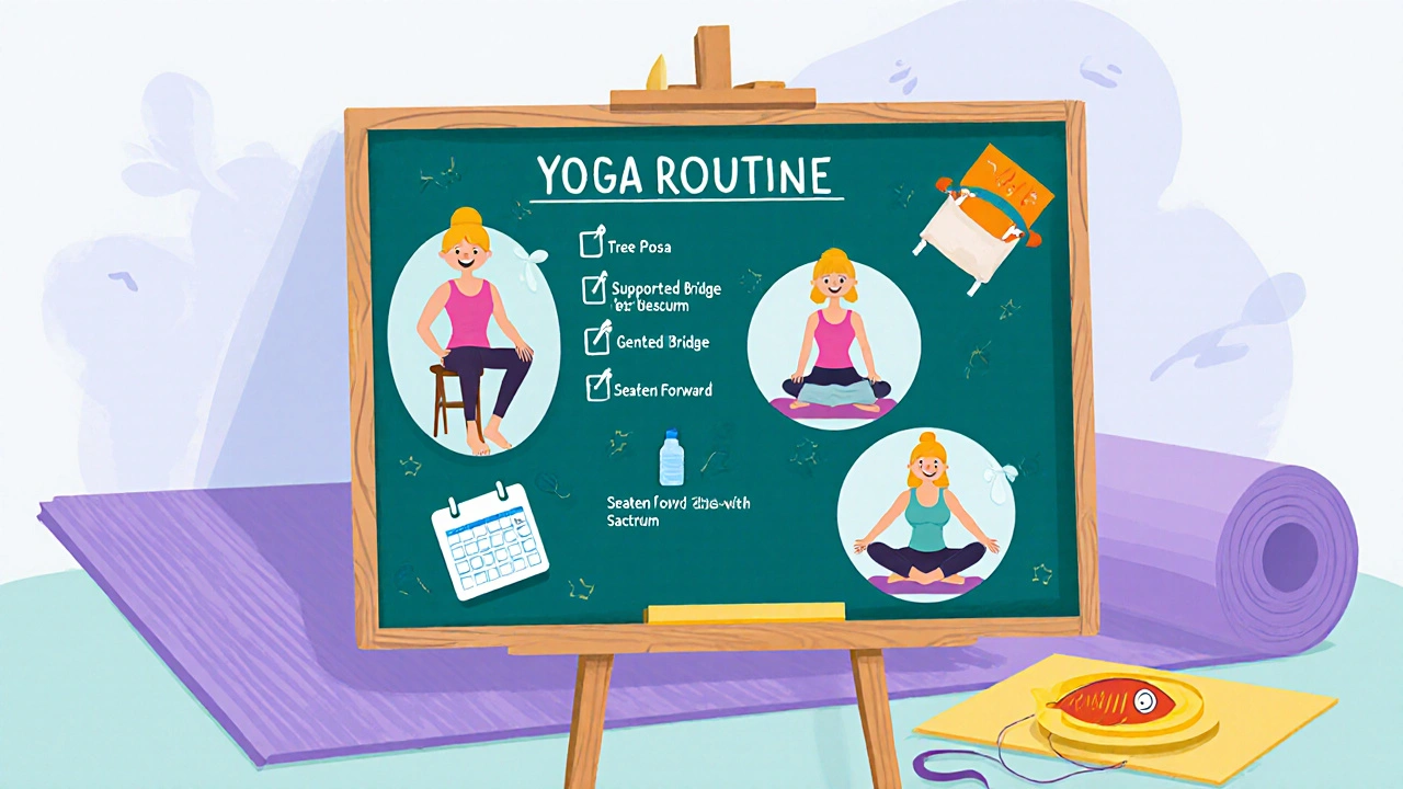 Weekly yoga checklist with three supported poses, calendar icons, and health symbols in a bright pastel illustration.