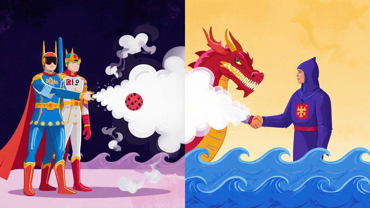 A cartoon immune system fighting allergens on one side, then making peace with them on the other, showing immune retraining.