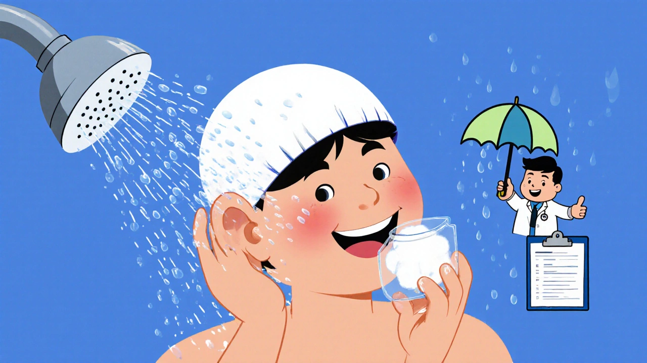 A character wearing a sealed shower cap protecting their ear with a petroleum jelly-coated cotton ball.