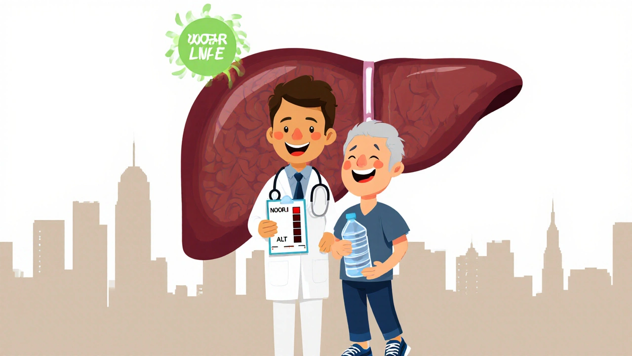 A doctor and patient smiling together with a healthy liver glowing in the background, in cheerful cartoon illustration style.