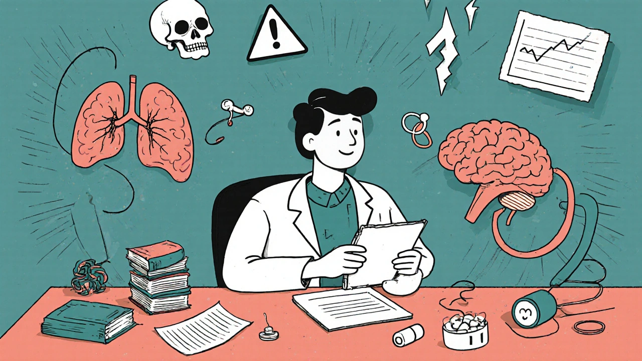 A doctor with brain figures fighting over an oxygen molecule, surrounded by warning symbols.