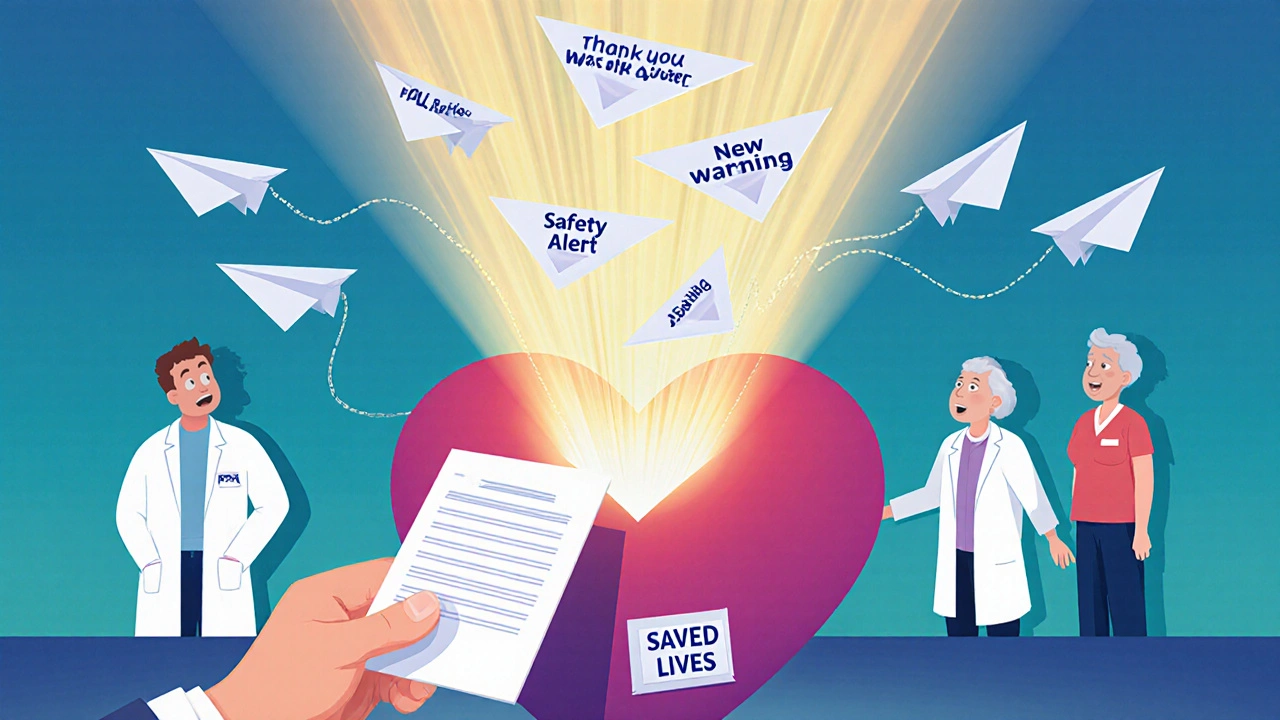 A hand submits a form into a heart-shaped FDA mailbox, with paper airplanes flying out labeled &#039;Safety Alert&#039; and &#039;Saved Lives&#039;.
