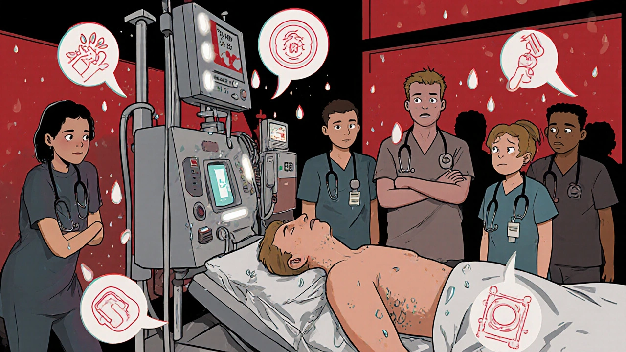 A patient connected to a large dialysis machine in a clinic, looking exhausted with fatigue symbols around them.