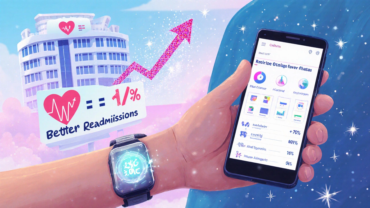 A patient with a glowing potassium patch and smartphone app, AI analyzing data, hospital sign showing improved outcomes.